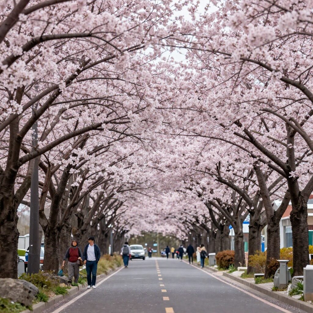 제주 왕벚꽃 거리에 핀 분홍색 벚꽃 나무들