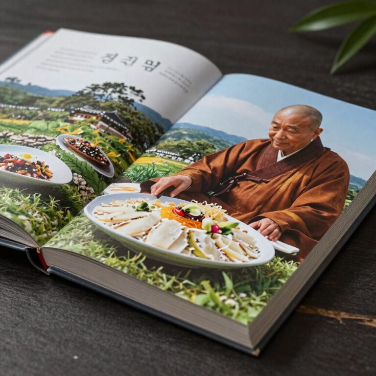 정관스님 나의 음식 책과 천진암 풍경 사진이 펼쳐진 모습