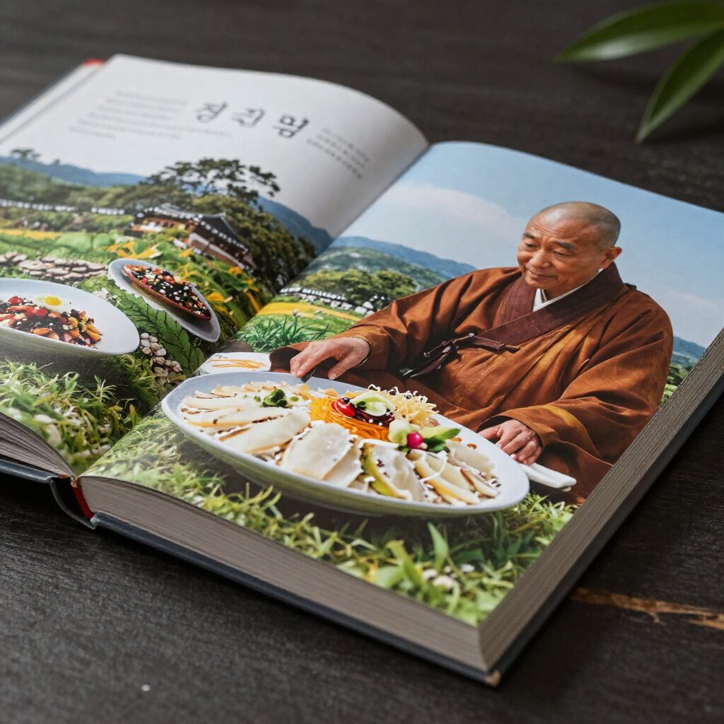 정관스님 나의 음식 책과 천진암 풍경 사진이 펼쳐진 모습