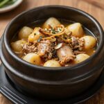 돼지감자 마늘조림이 담긴 검은 뚝배기