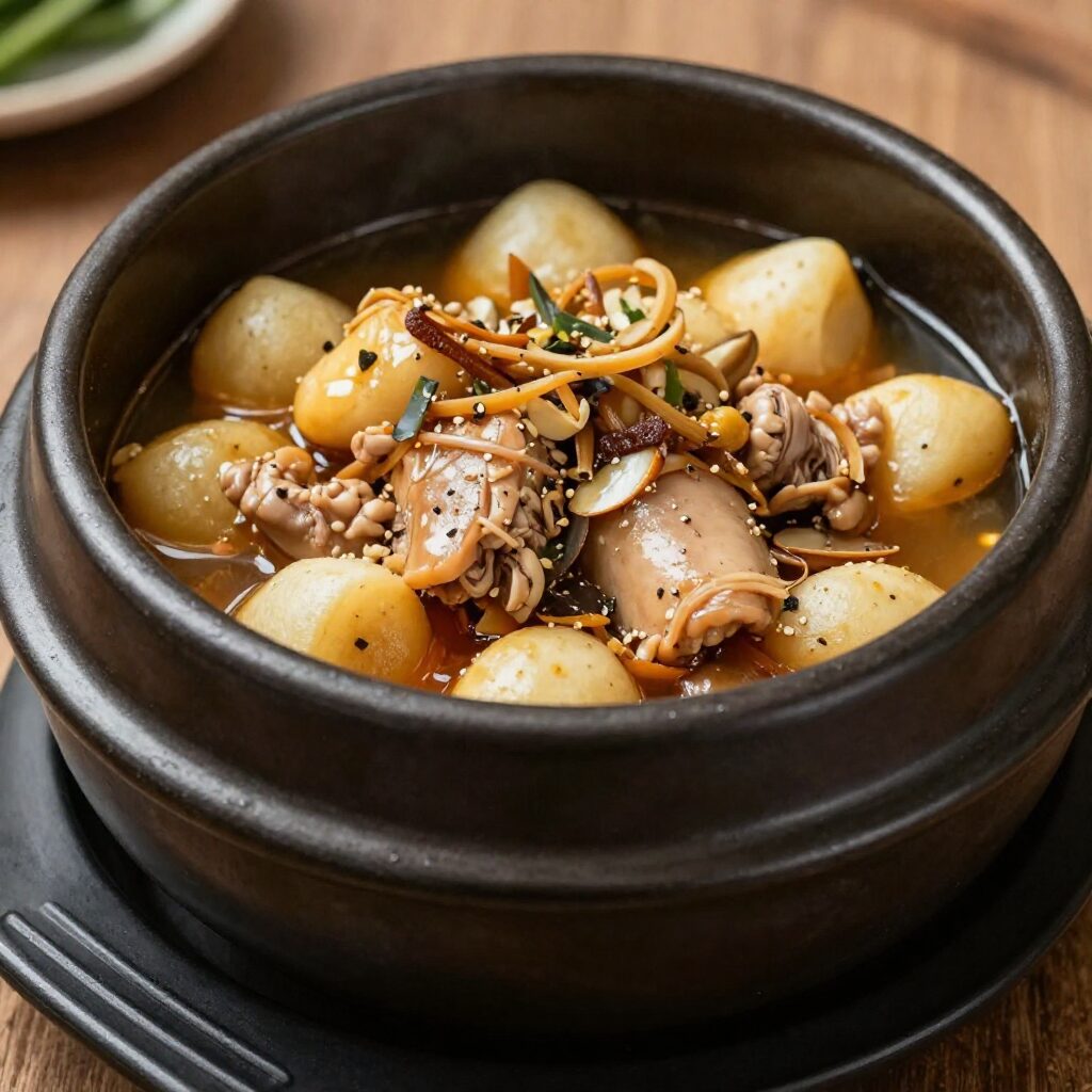 돼지감자 마늘조림이 담긴 검은 뚝배기