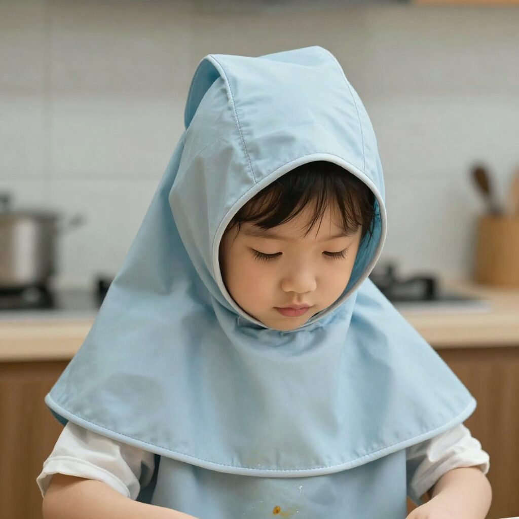 방수 앞치마와 팔토시, 머리수건을 착용하고 요리하는 어린이