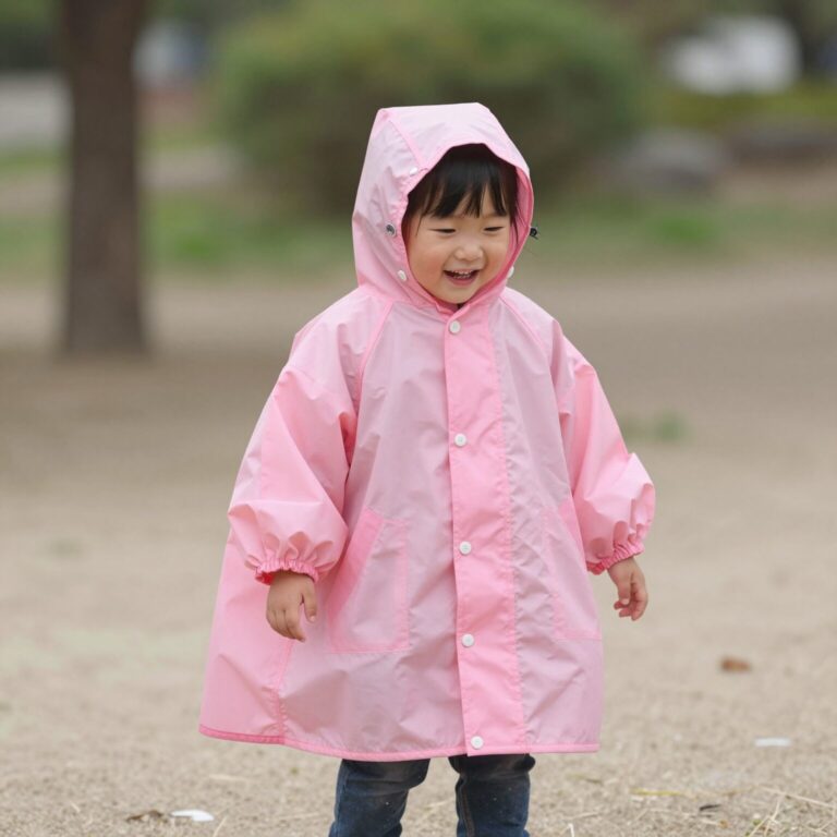 아이가 핑크색 바람막이를 입고 공원에서 웃고 있는 모습