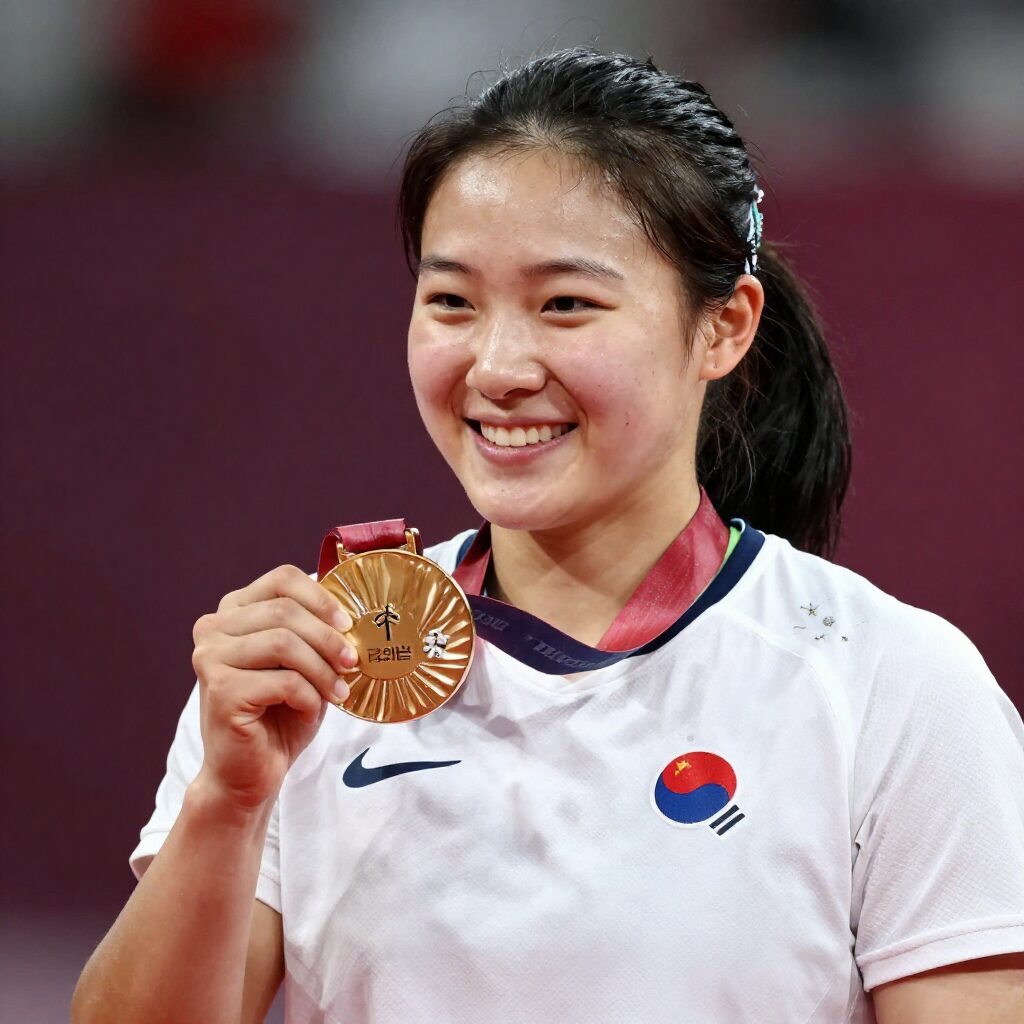 김윤지 선수가 패럴림픽 은메달을 목에 걸고 환하게 웃고 있는 모습