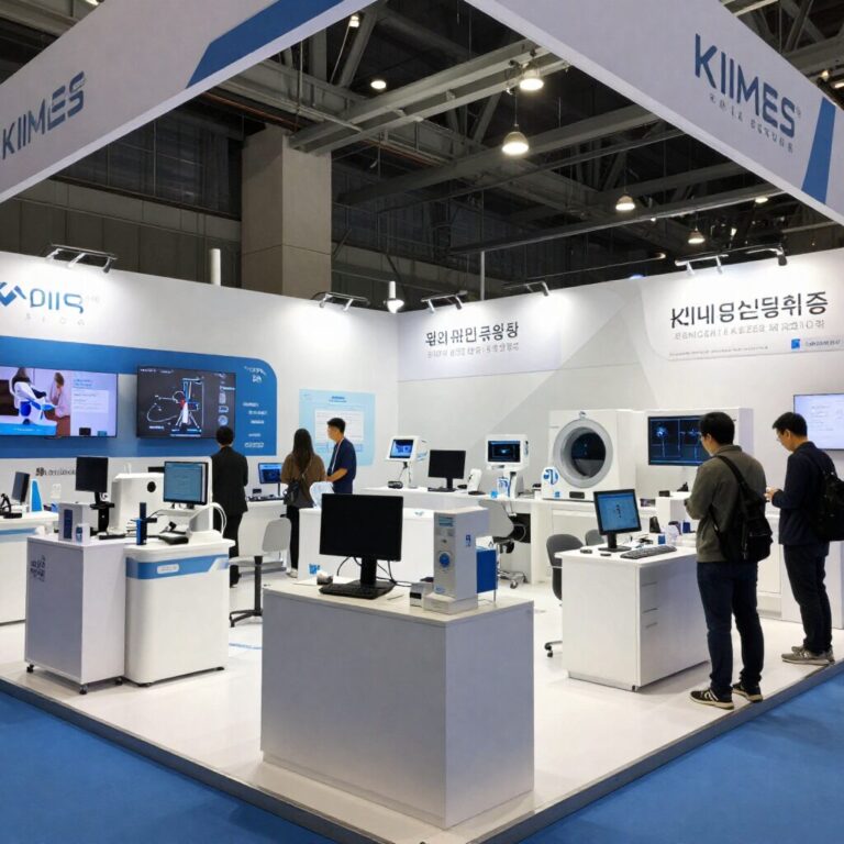 KIMES 2026 전시장 내부 모습, 다양한 의료기기 부스와 방문객들