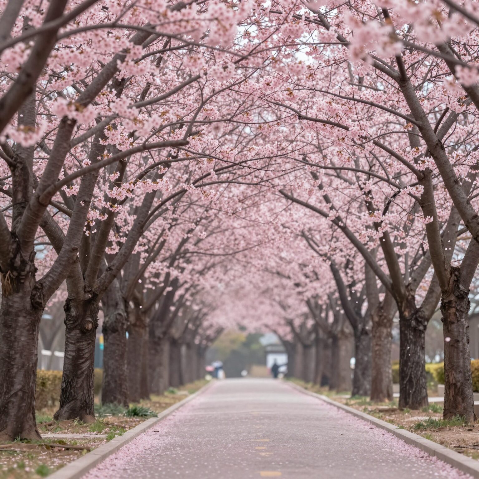 연분홍색 꽃이 풍성하게 핀 왕벚나무 가로수 길