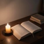 사순절 기도로 채우는 3월 주일 예배 준비 사순절 기도와 묵상을 상징하는 촛불과 성경책이 놓인 고요한 공간