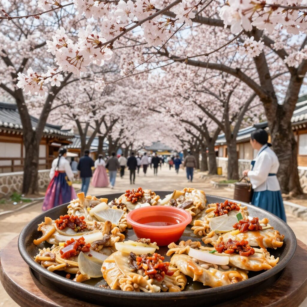 광양 매화마을에서 매실막걸리와 파전을 매화나무 아래에서 즐기는 모습