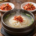 망원시장에서 먹는 손칼국수와 김치가 담긴 식탁