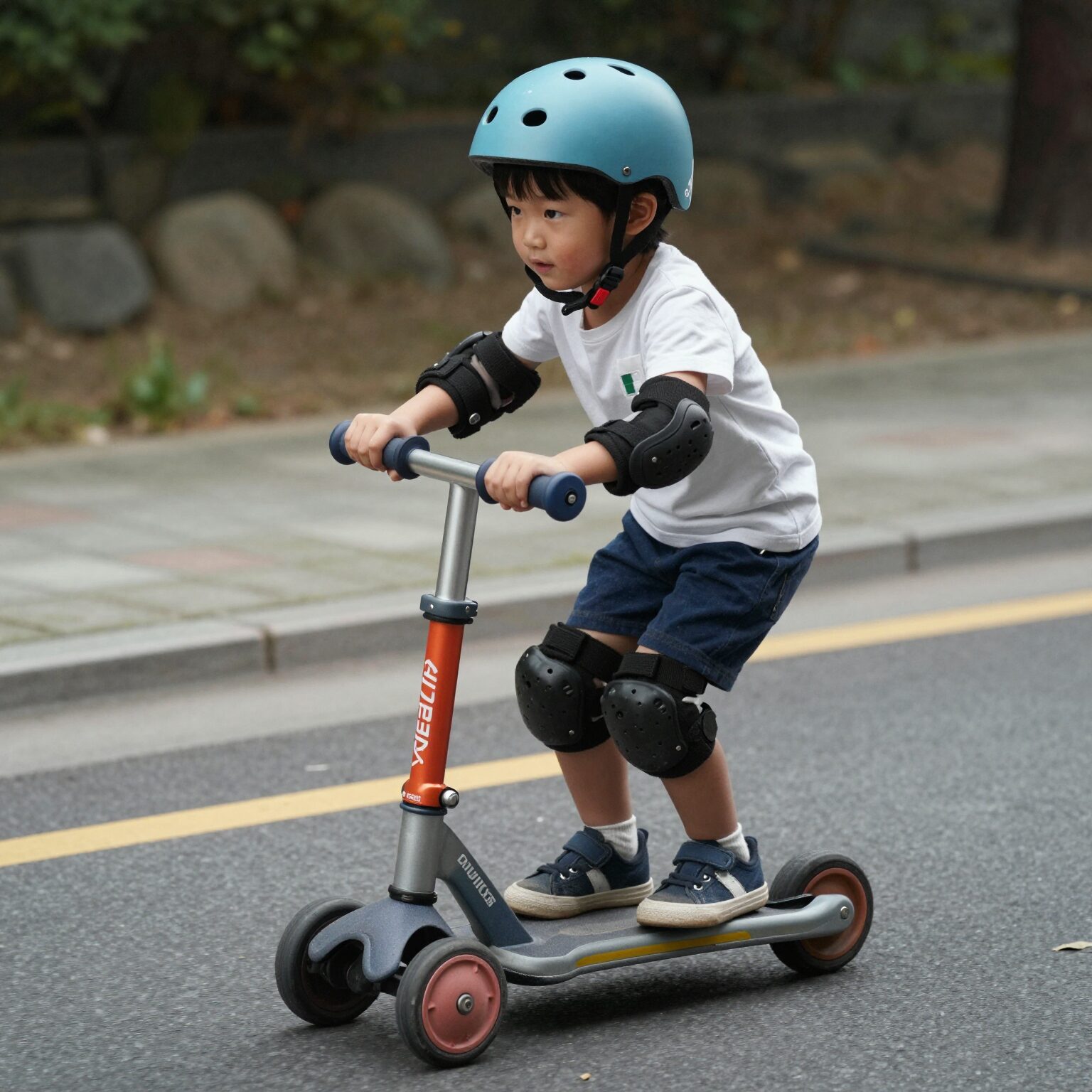 아이가 마이크로 킥보드 맥시를 타고 있는 모습. 안전헬멧을 착용하고 있다.