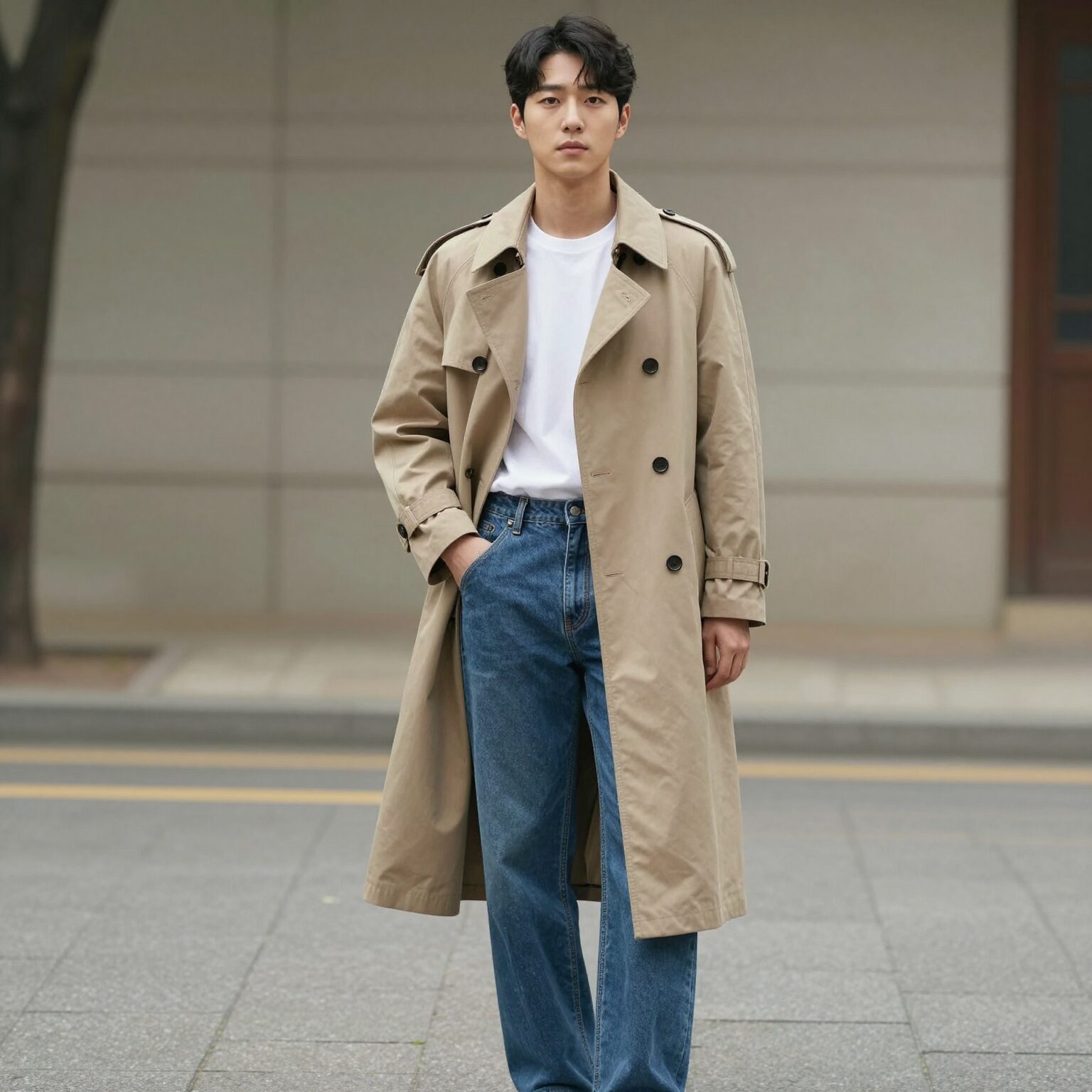 미쏘 하프 트렌치코트를 청바지와 함께 캐주얼하게 스타일링한 모습