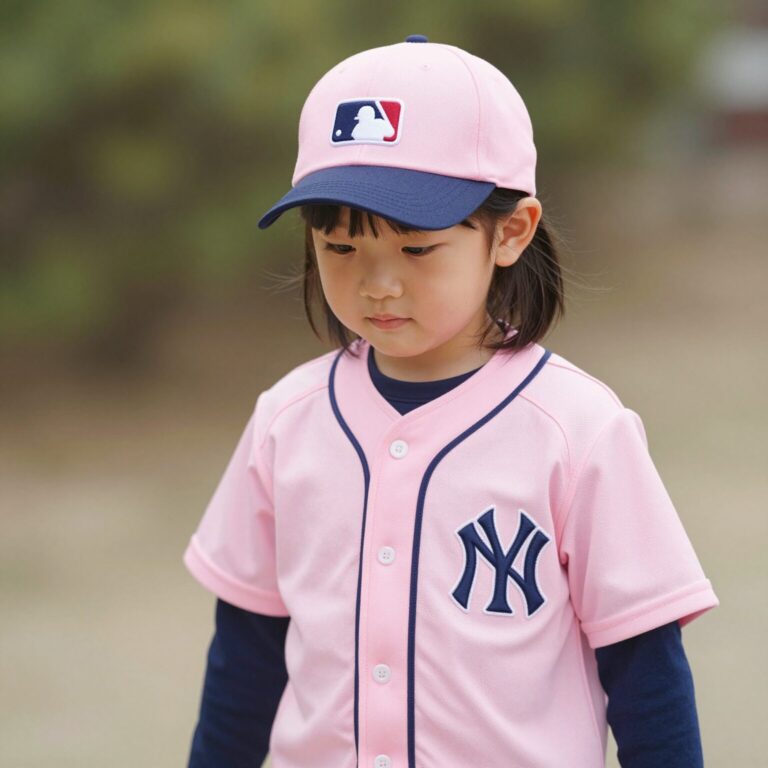 MLB 키즈 핑크색 야구점퍼와 볼캡을 착용한 어린이의 등교 코디