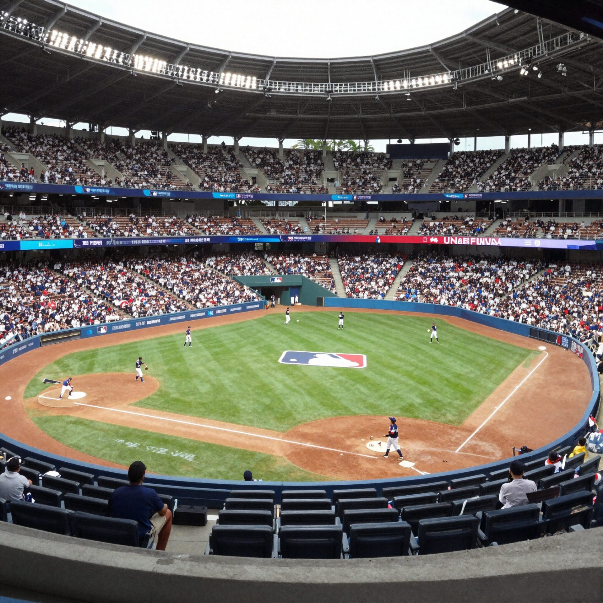 미국과 캐나다 국기가 걸린 가상의 MLB 월드시리즈 경기장 내부 풍경