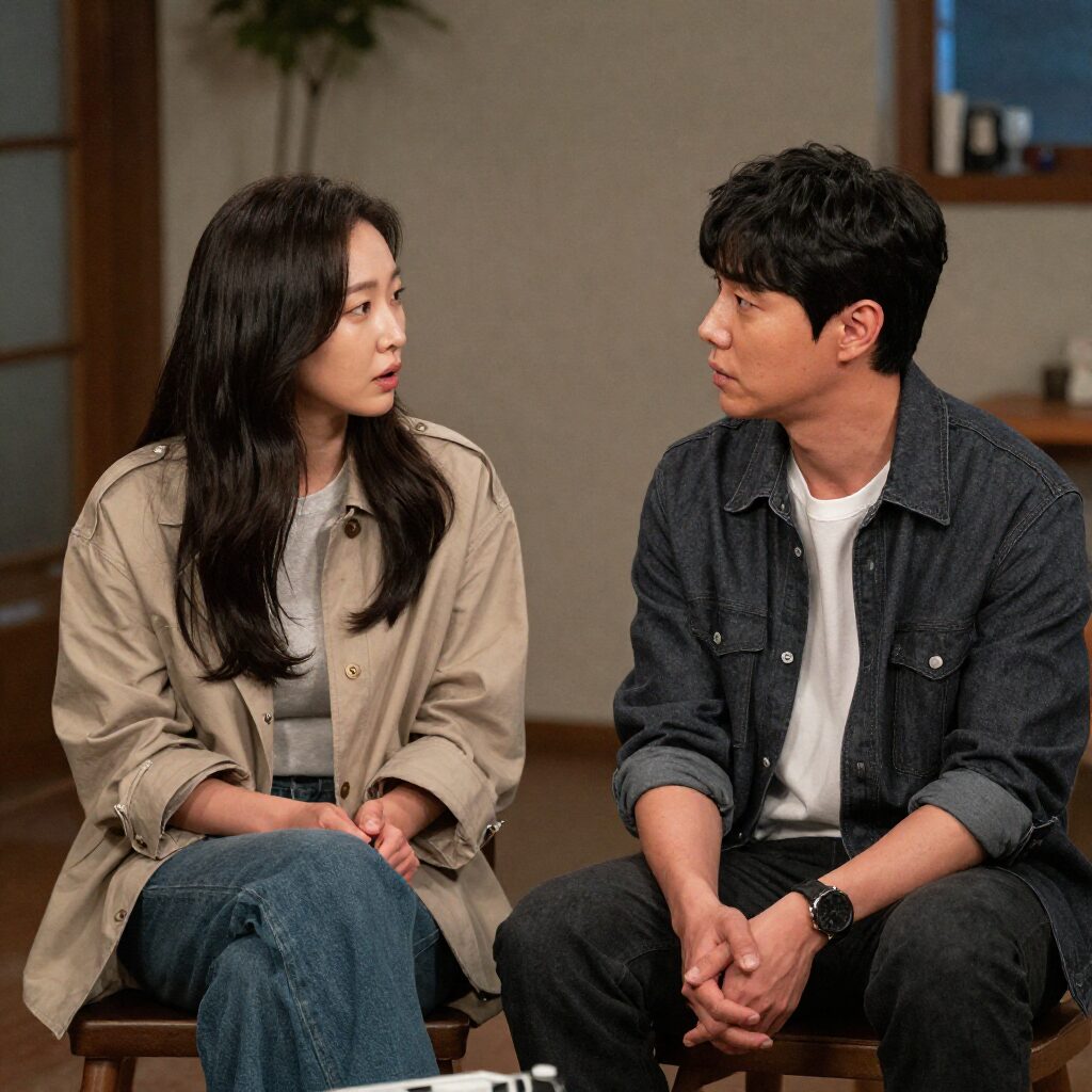 미운 우리 새끼 방송에서 유민상과 신봉선이 나란히 앉아 이야기하는 장면