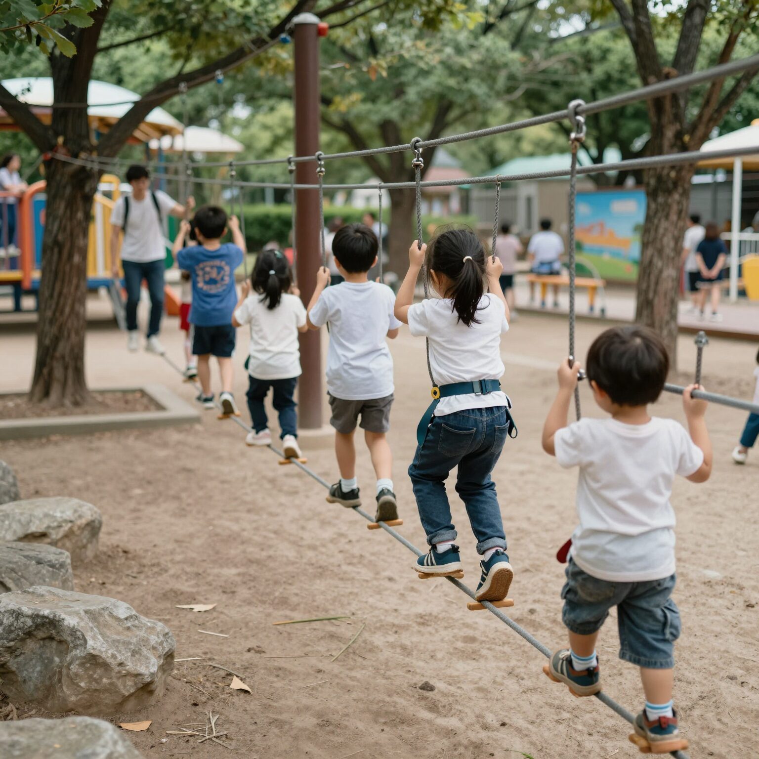 청주 문암생태공원 어드벤처 놀이터에서 아이들이 짚라인을 타는 모습
