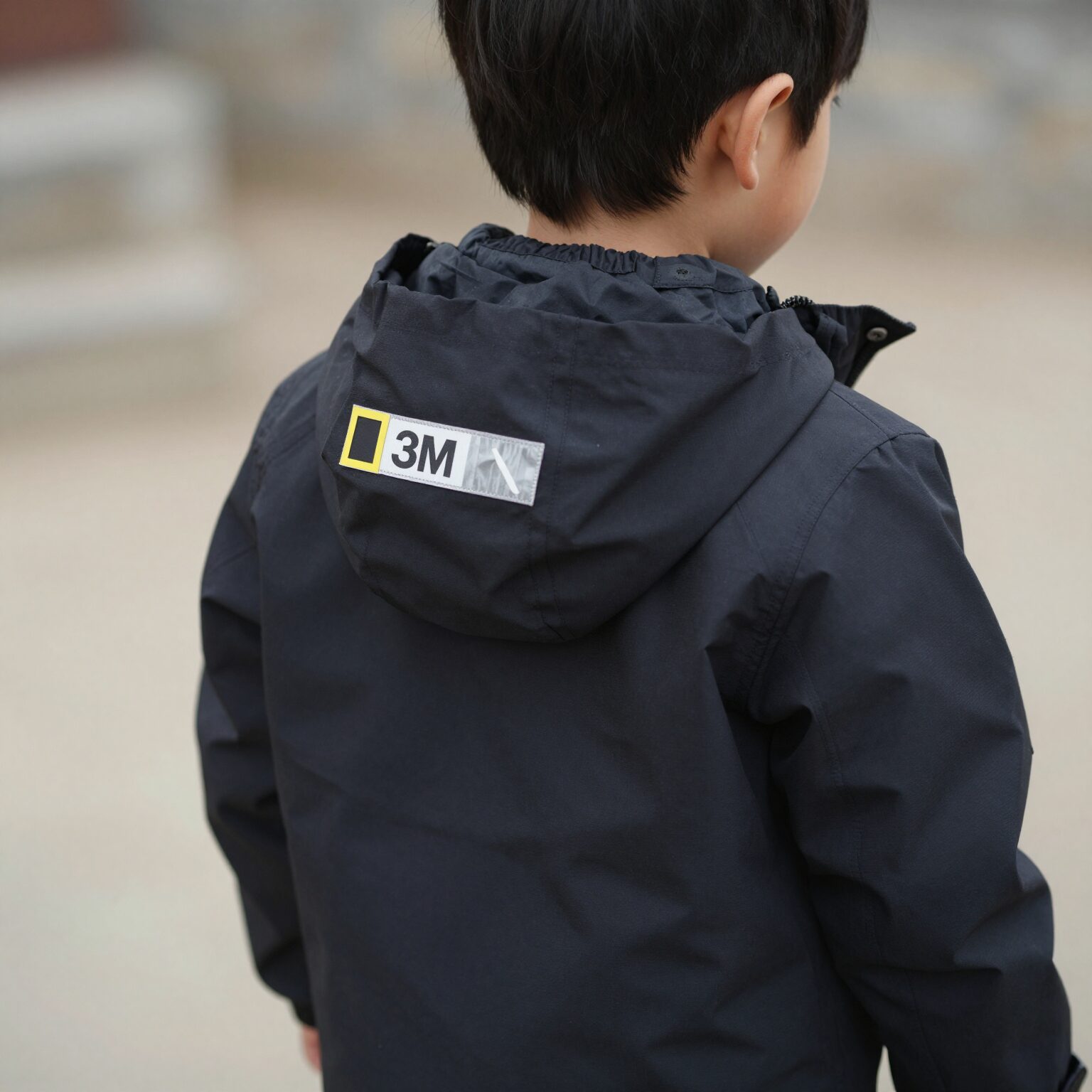내셔널지오그래픽 카본블랙 키즈 바람막이 점퍼를 입은 아이 뒷모습, 3M 반사 로고 테이프가 보임