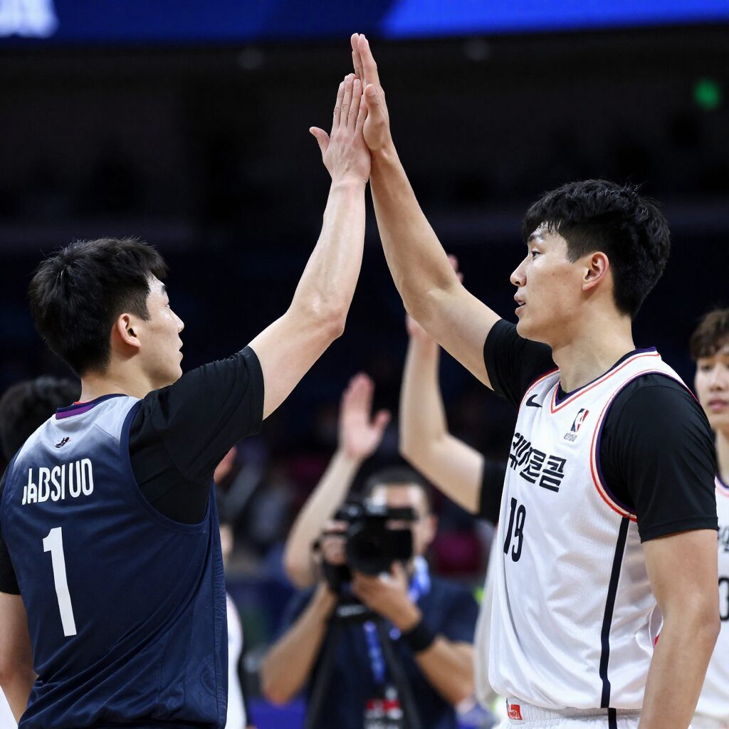 NBA 경기에서 선수들이 하이파이브하며 팀워크를 보이는 모습