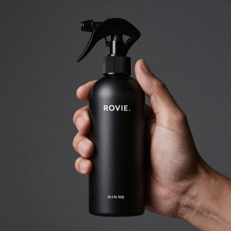 검정색 바디 미스트 스프레이 병을 손에 든 모습