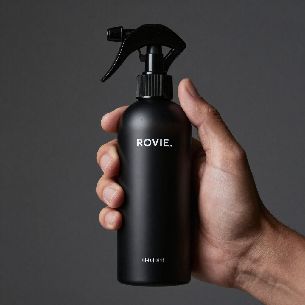 검정색 바디 미스트 스프레이 병을 손에 든 모습