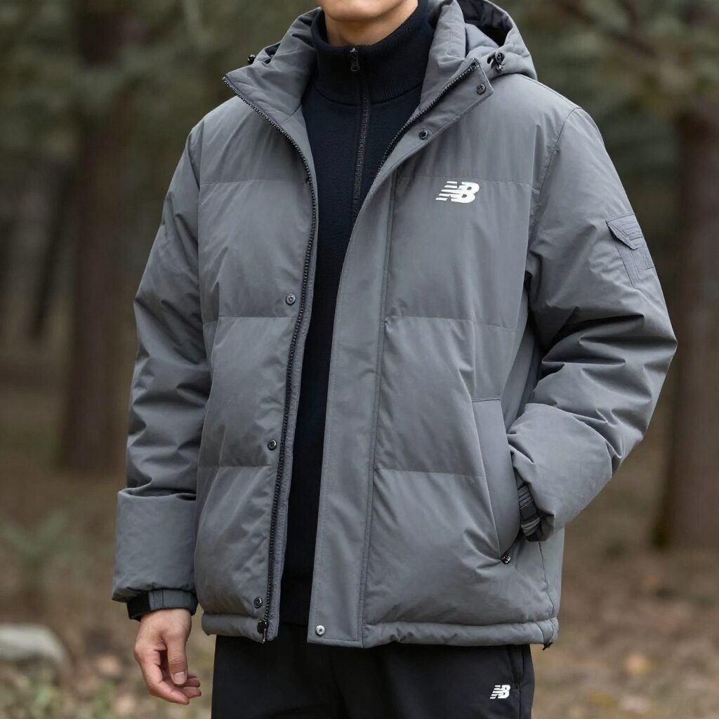 회색 뉴발란스 항공점퍼 스타일 패딩을 입은 사람의 사진