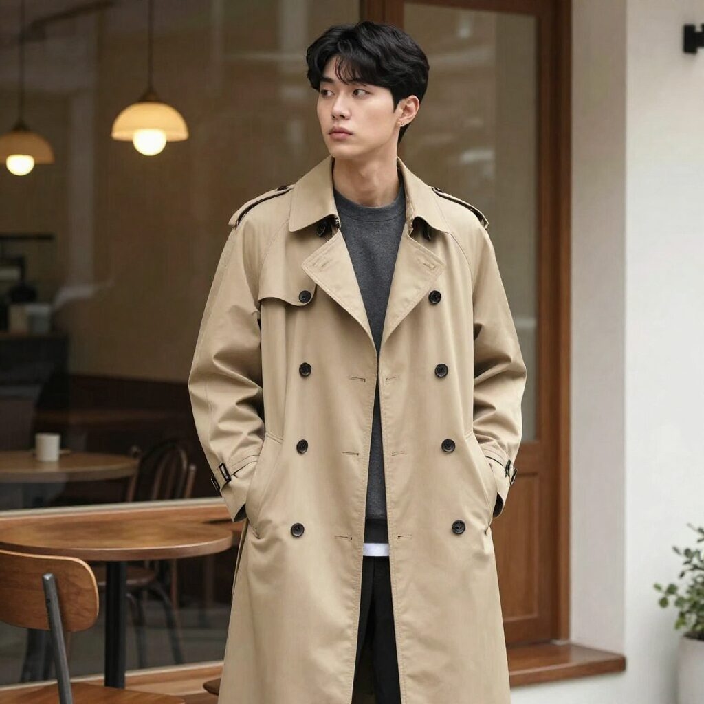 나이스클랍 트렌치코트를 입은 사람이 카페 앞에 서 있는 모습