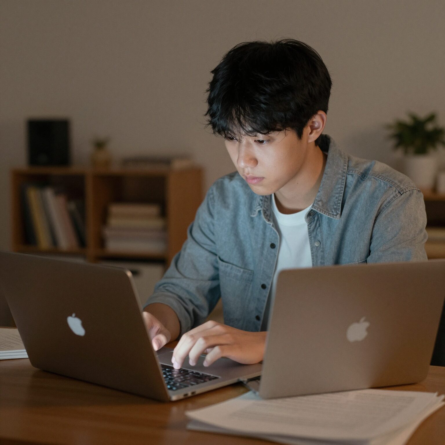 노트북으로 내신 기출 문제를 검색하고 있는 학생의 모습