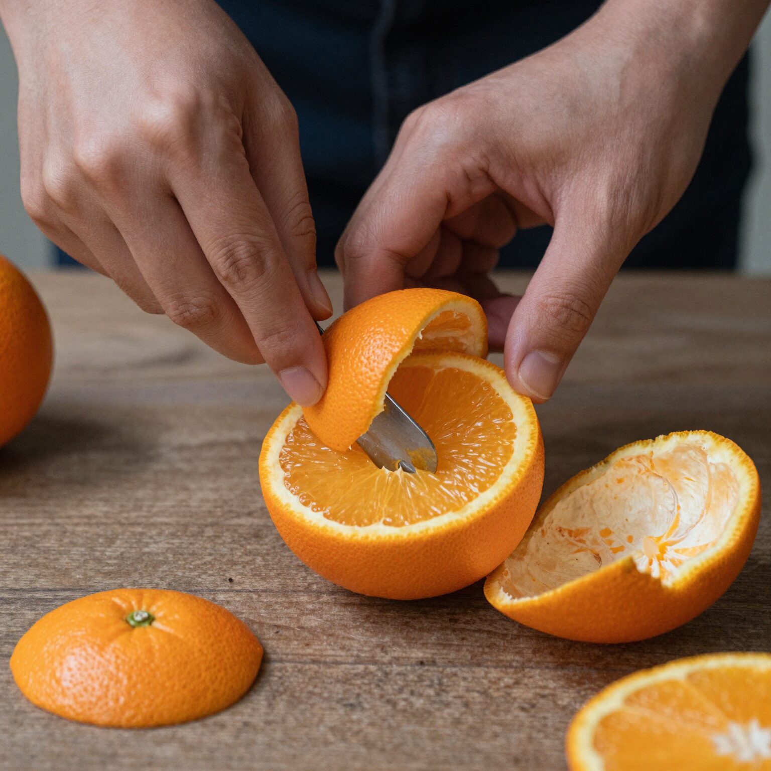 칼집을 낸 오렌지에 숟가락을 넣어 껍질을 분리하는 과정