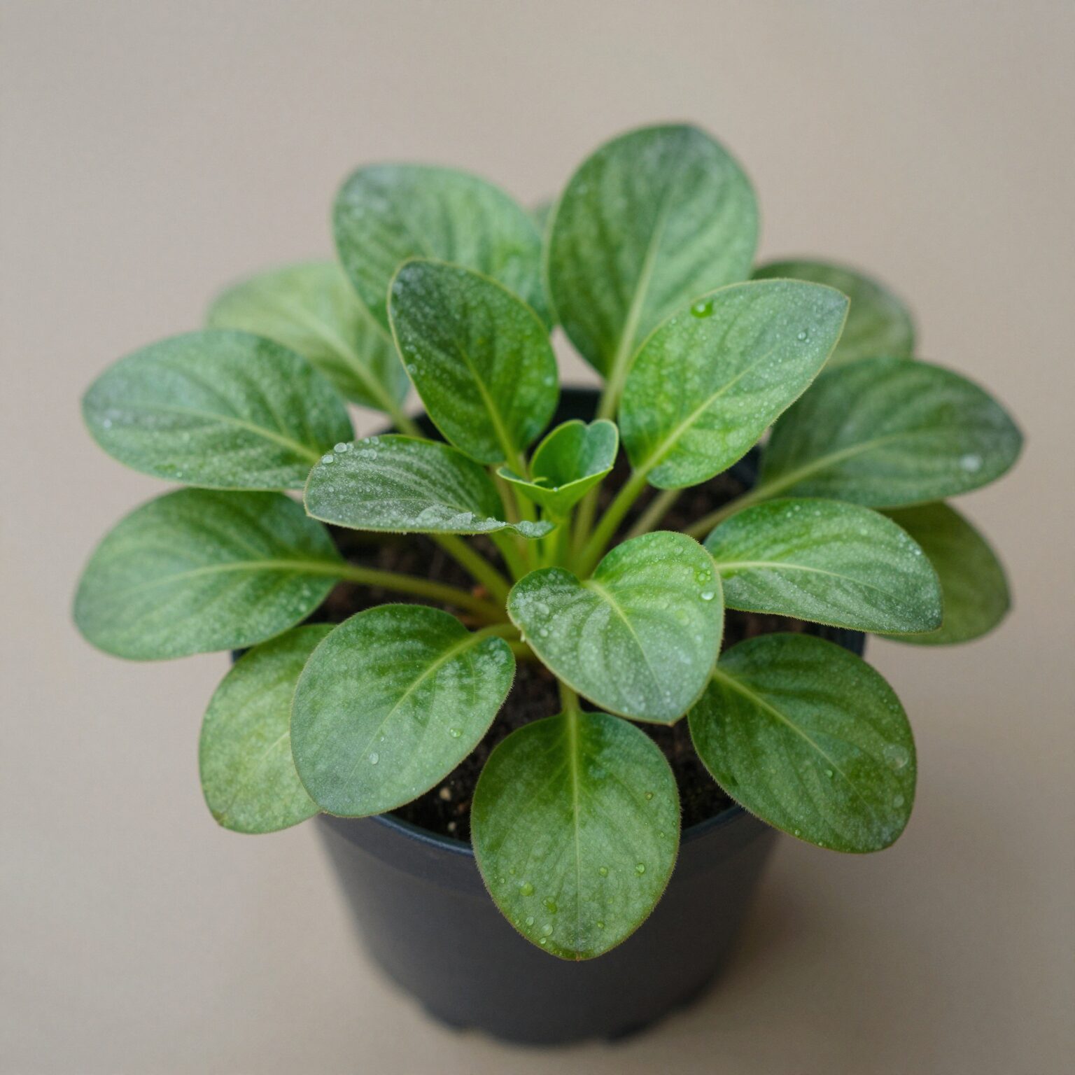 작은 화분에 자라나는 팬지 모종의 초록색 본잎