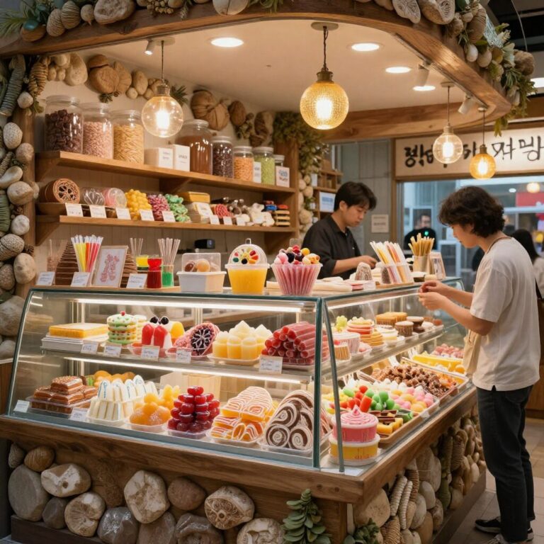 텐진 지하상가 파파버블 매장의 다채로운 수제 사탕 진열