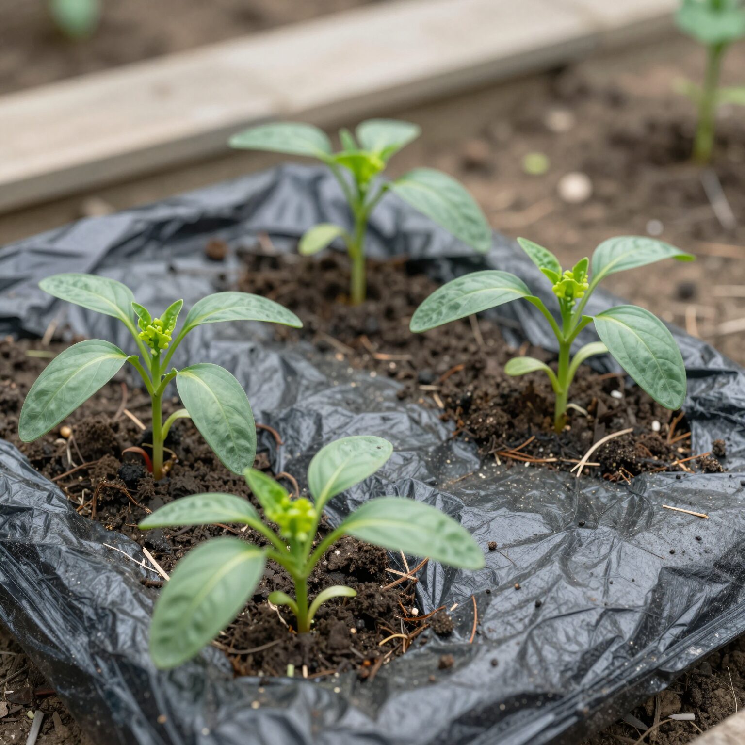 검은 비닐 멀칭이 된 두둑에 고추 모종을 심는 모습