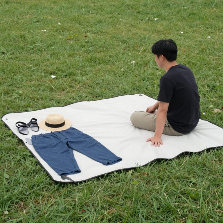 다양한 피크닉매트가 잔디밭 위에 놓여 있는 모습