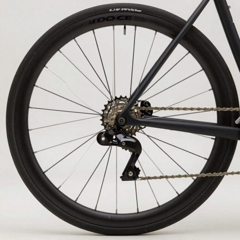 검정색 픽시 자전거의 단순하고 깔끔한 뒷바퀴 고정기어 구조 클로즈업