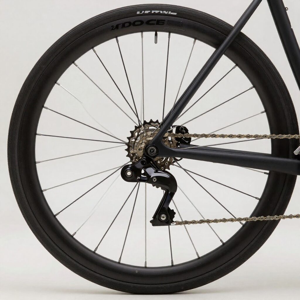 검정색 픽시 자전거의 단순하고 깔끔한 뒷바퀴 고정기어 구조 클로즈업