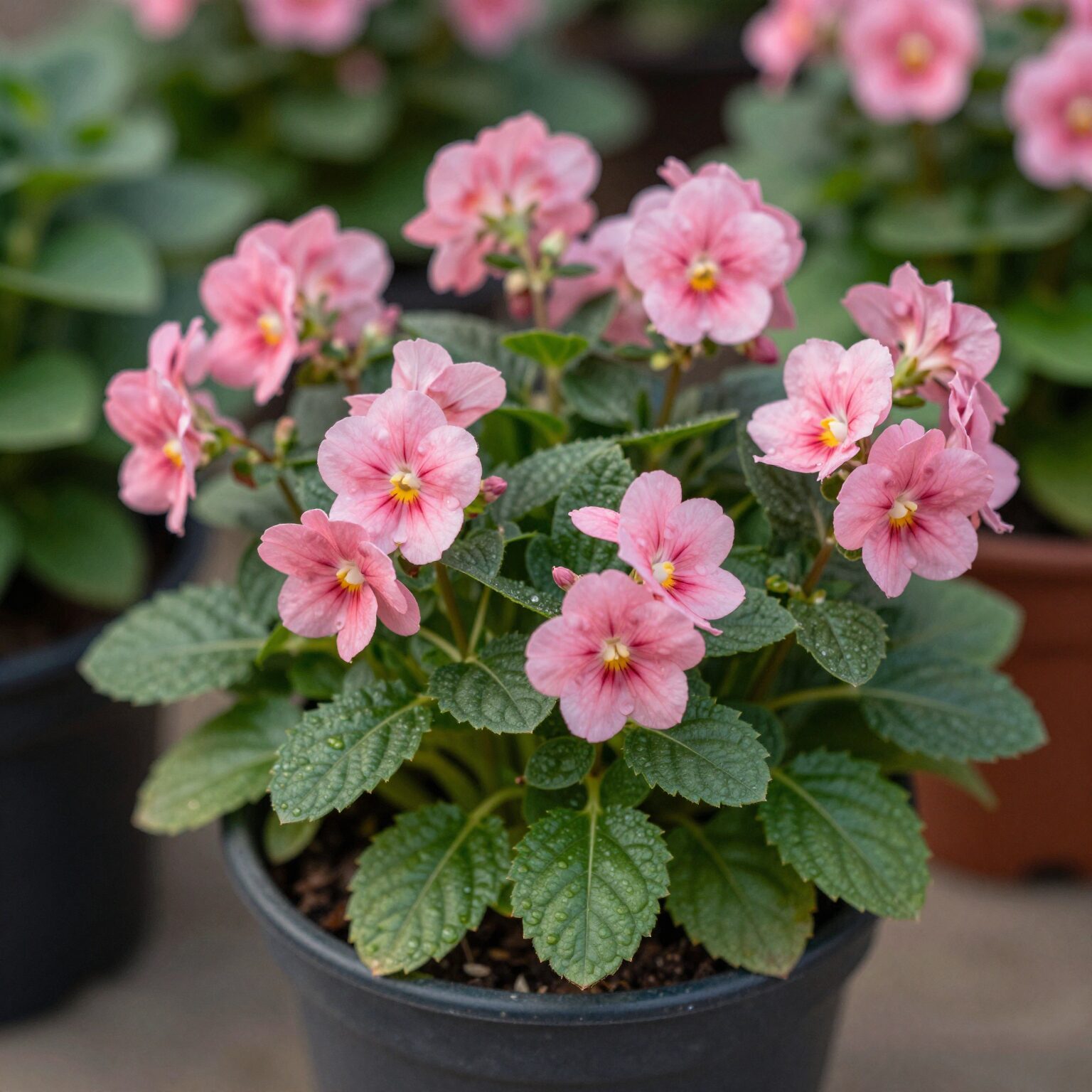 화분에 핀 분홍색 라넌큘러스 꽃과 초록색 잎