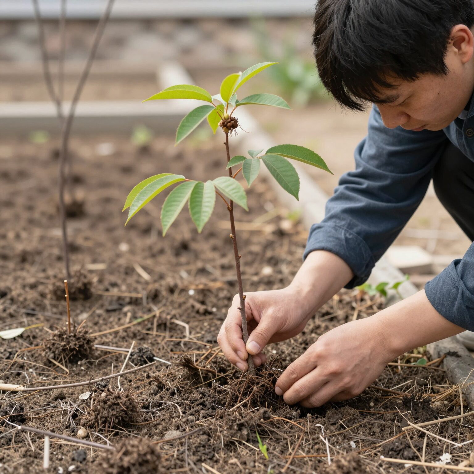 홍가시나무 묘목을 정원에 심는 과정, 구덩이를 파고 묘목을 세우는 모습
