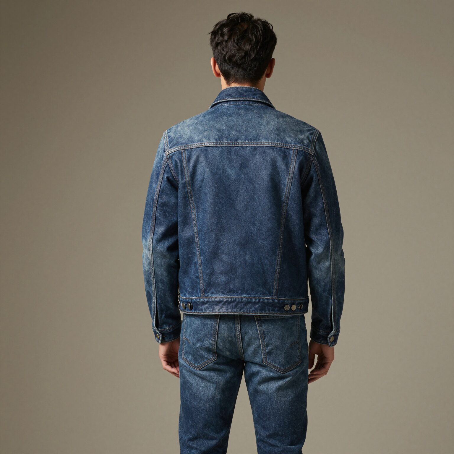 싱글라이더 가죽 자켓을 입고 데님과 매치한 남성의 뒷모습