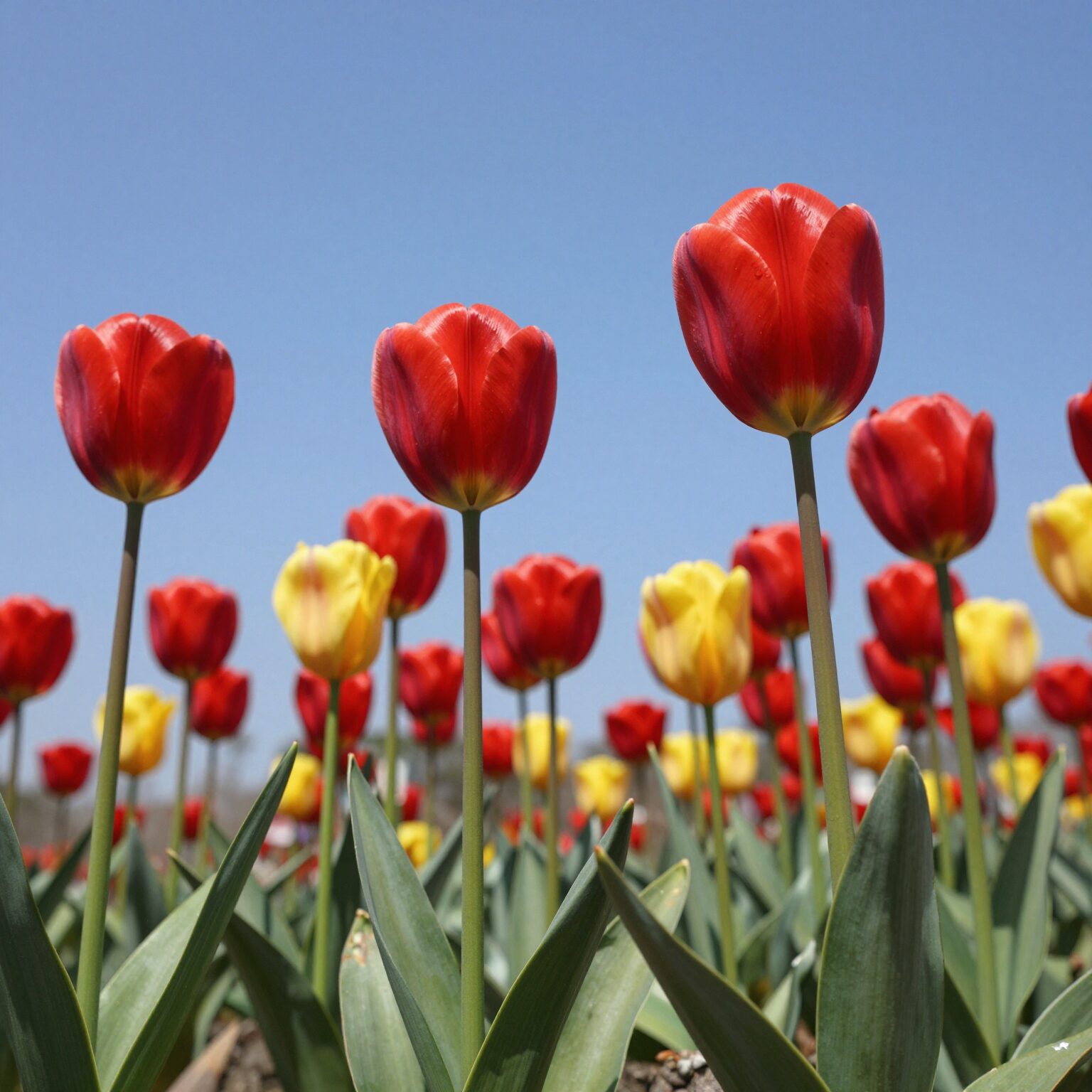 제주 상효원수목원 꽃의정원에 핀 화사한 빨간 노랑 튤립과 배경의 푸른 하늘