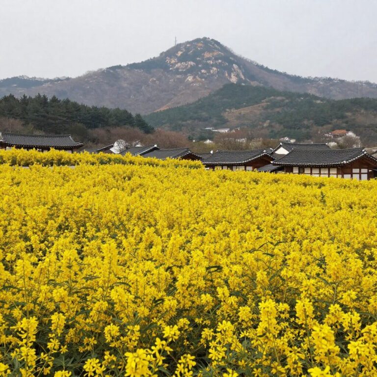 구례 산수유마을의 노란 산수유꽃밭과 지리산 배경