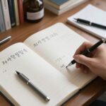 과학 발명 대회를 위한 연구 노트와 필기구가 책상 위에 놓여 있음