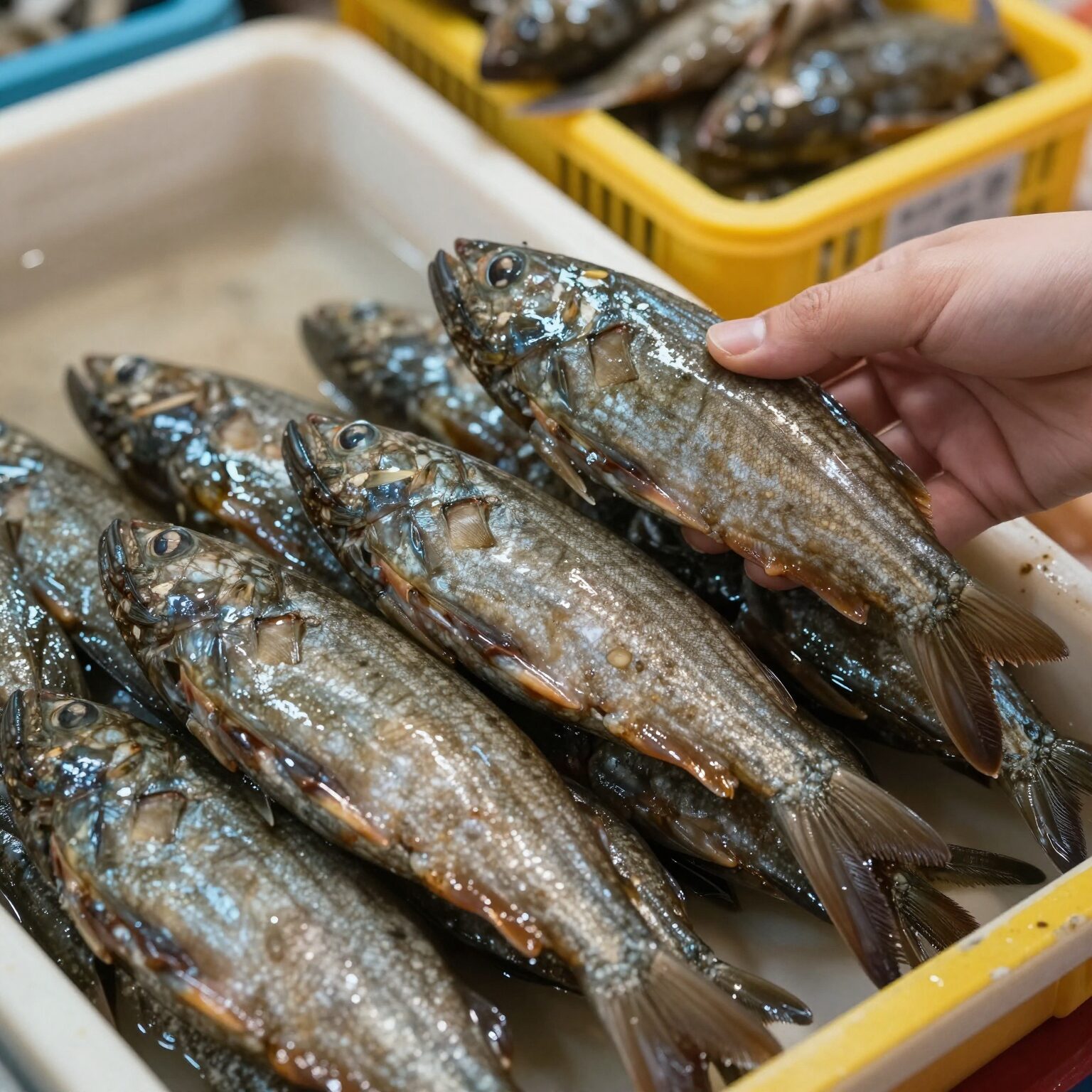시장에서 신선한 멍게를 고르는 모습, 단단하고 광택 있는 표면 확인