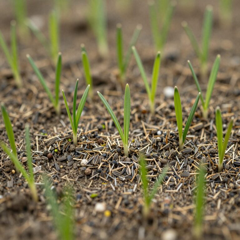 여러 포트에 뿌린 꽃씨 중 일부만 초록색 싹이 올라온 모습
