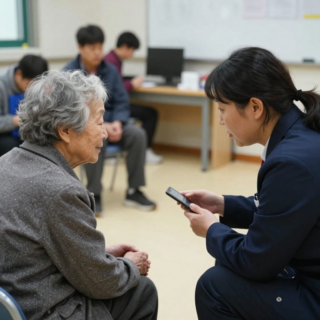 사회복지사가 노인과 대화를 나누는 현장 실습 모습