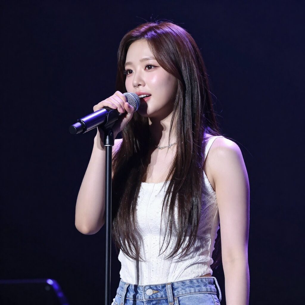 가수 송별이가 밝은 표정으로 무대에서 노래하고 있는 모습