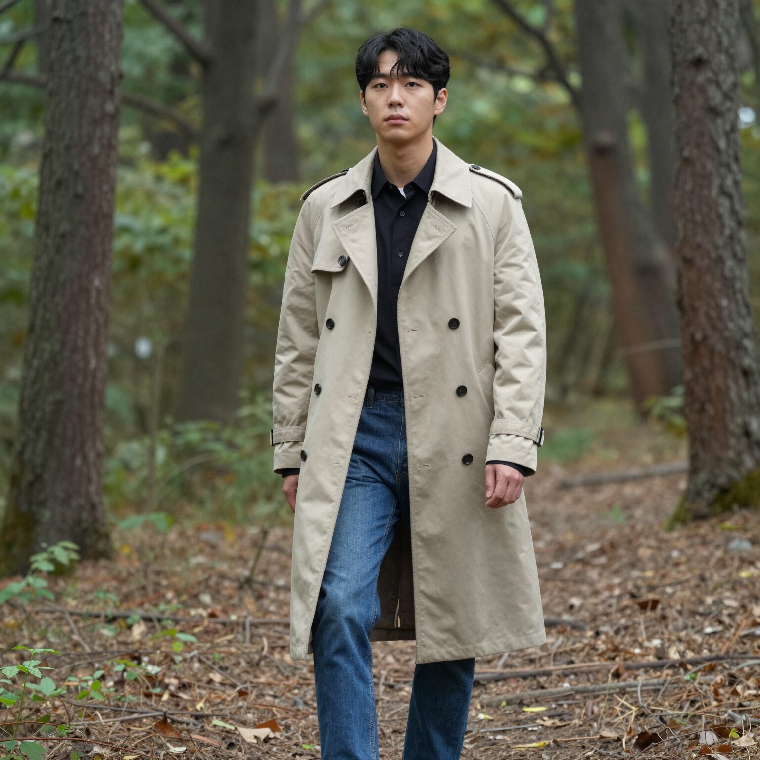 베이지색 숲 트렌치코트를 청바지와 함께 캐주얼하게 스타일링한 모습