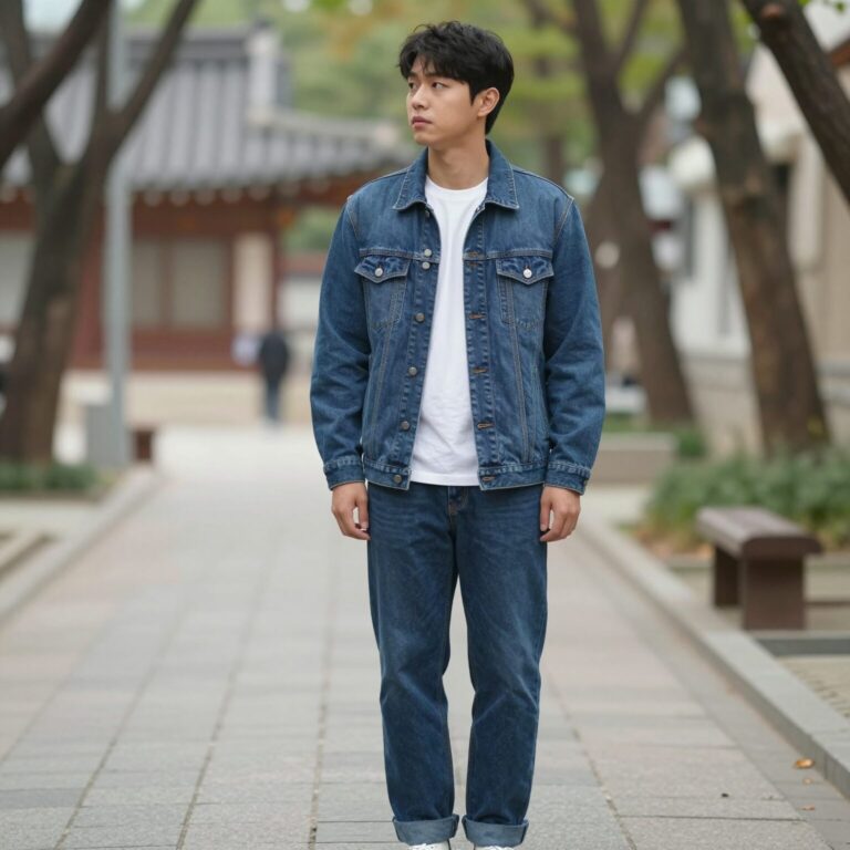 간절기 점퍼와 데님 팬츠를 코디한 캐주얼한 일상 스타일