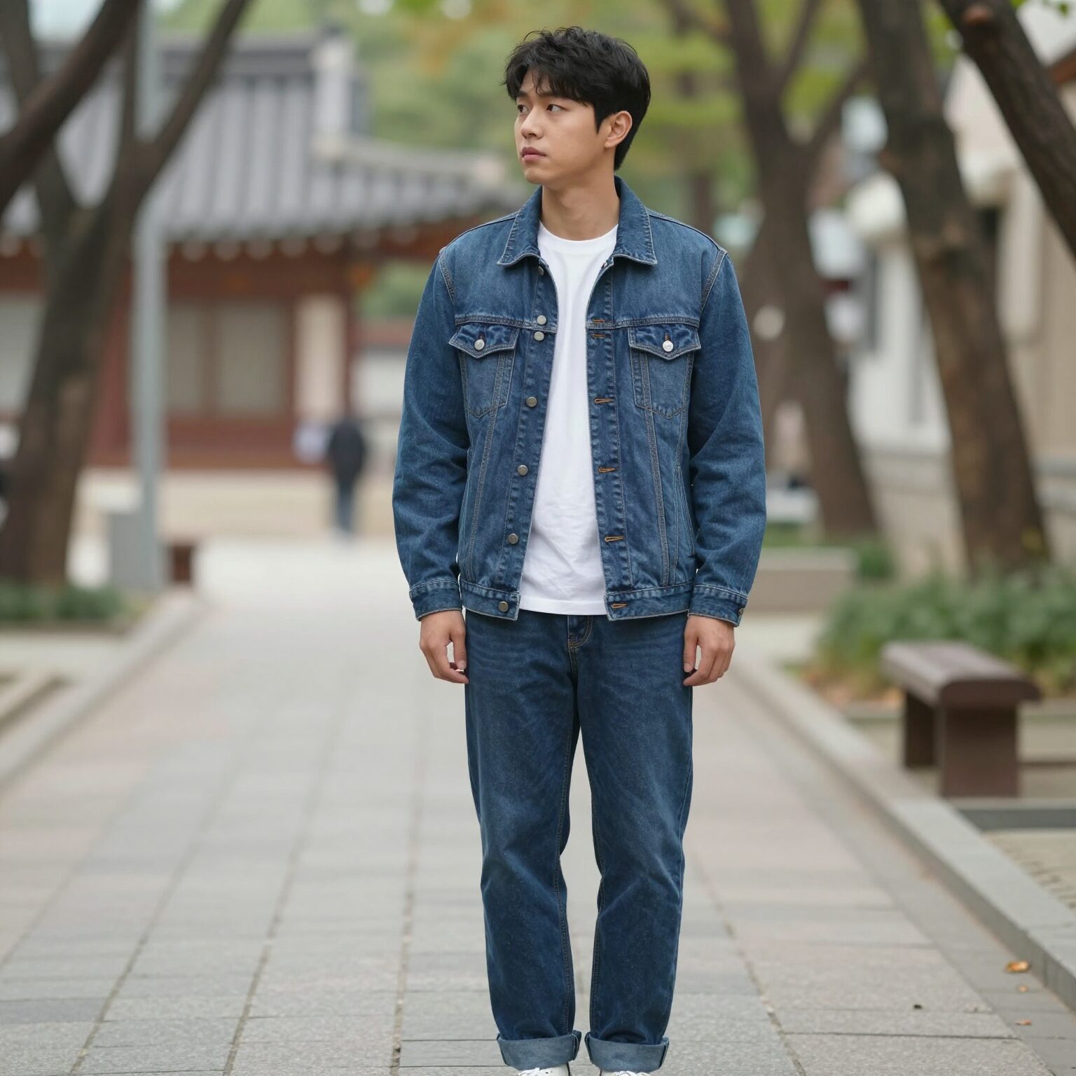 간절기 점퍼와 데님 팬츠를 코디한 캐주얼한 일상 스타일