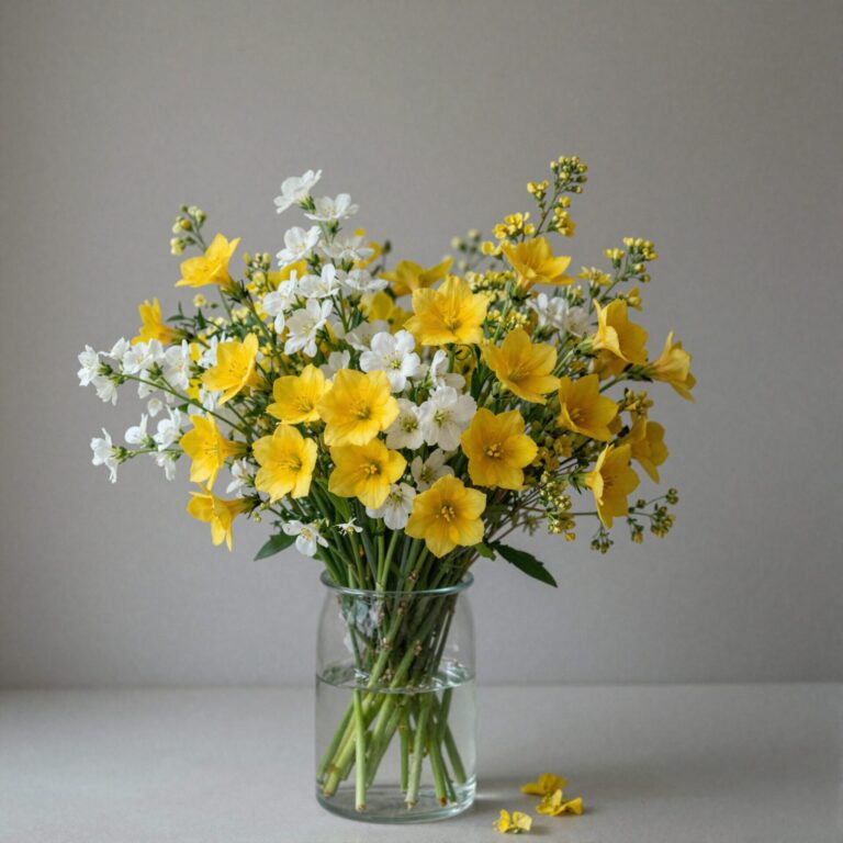 유리병에 꽂힌 노란 프리지아와 흰 수선화로 구성된 봄꽃다발