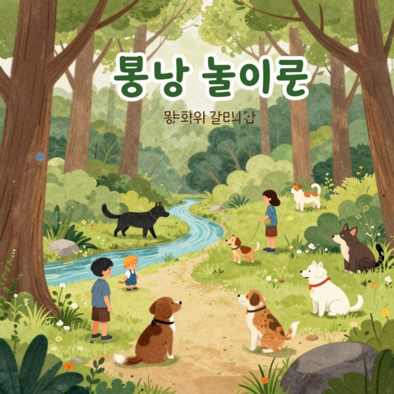 봄 숲 놀이터 그림책 속 장면, 강이와 동물 친구들이 숲속에서 즐겁게 놀고 있는 모습