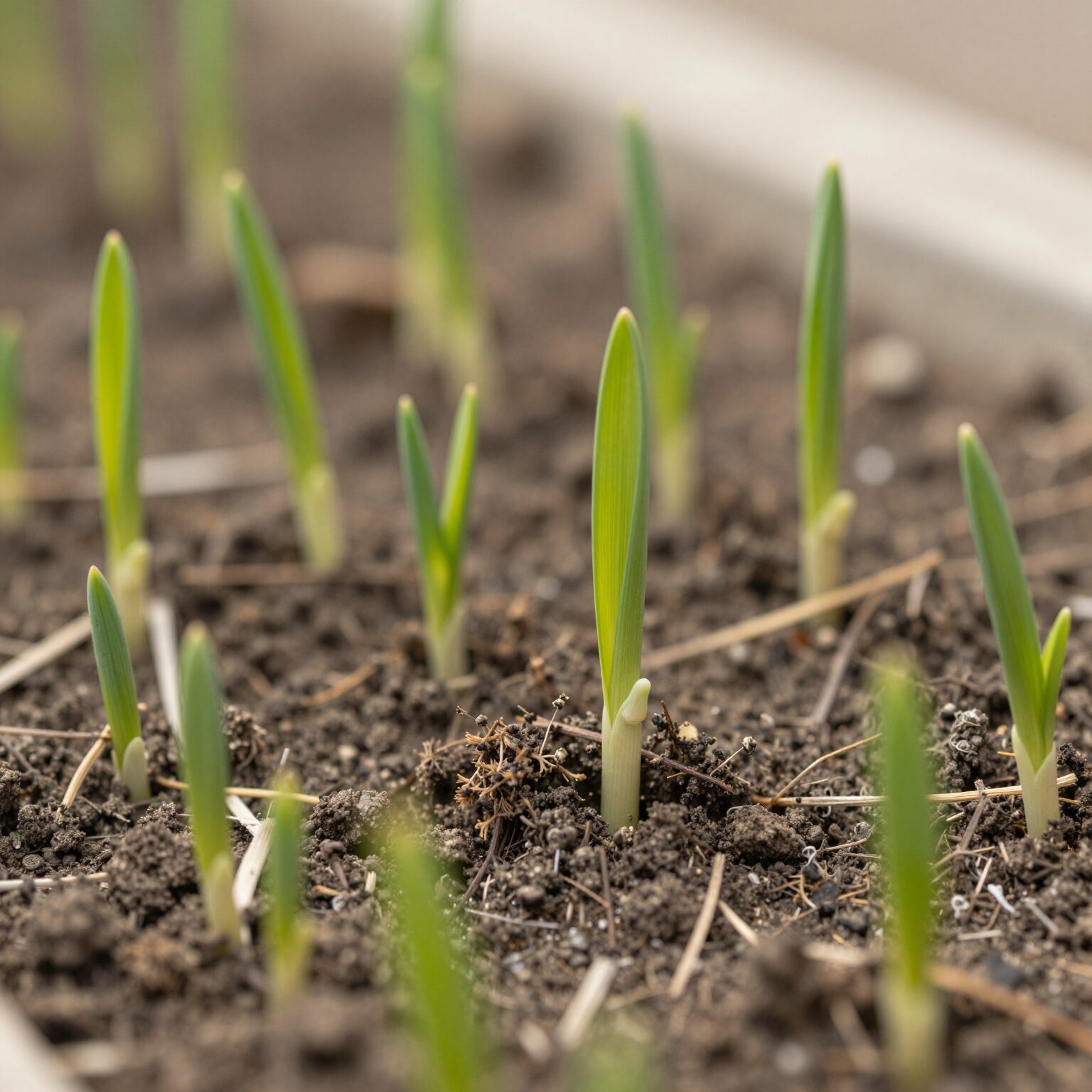 봄에 파종한 대파 새싹이 깨져 나오는 모습