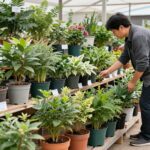 함안군 산림조합 나무시장에서 판매되는 다양한 묘목과 화분들